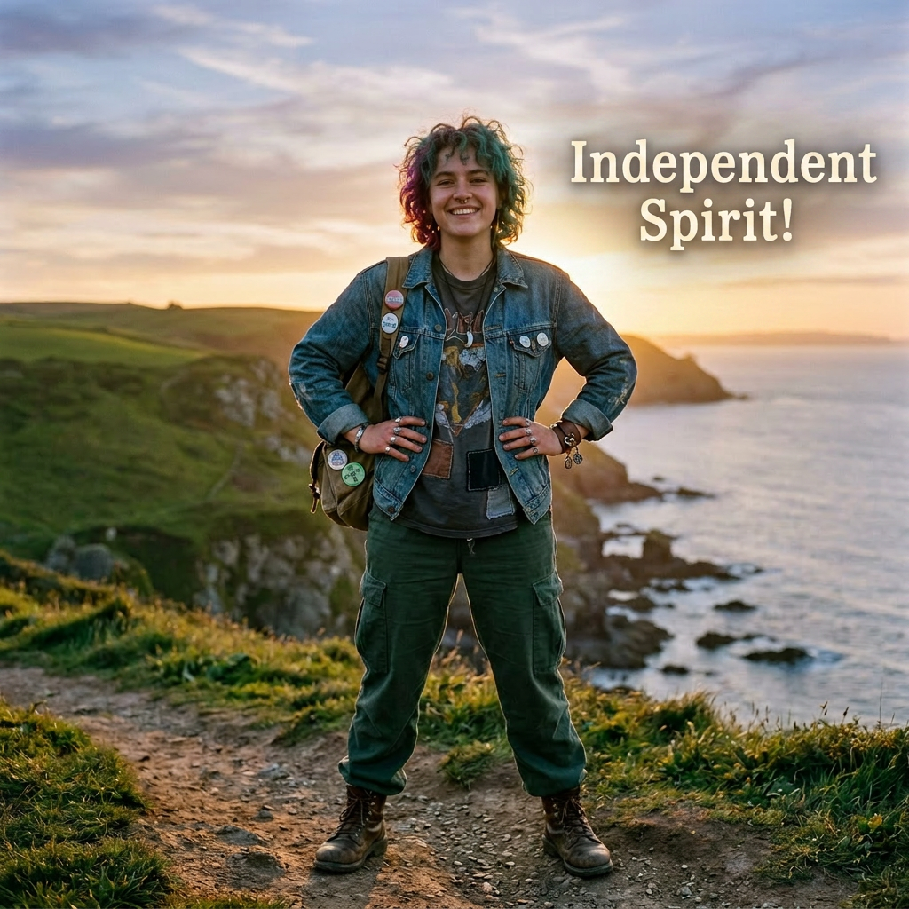 Person with colorful hair and denim jacket standing on coastal trail at sunset