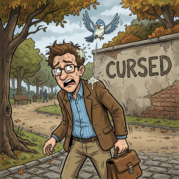 Man in glasses sweating and shocked as a bird poops on his head in a park near a wall with the word CURSED