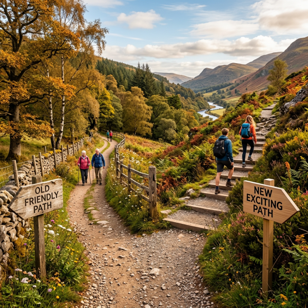 Two paths in nature labeled 'Old Friendly Path' and 'New Exciting Path' with hikers walking on each trail