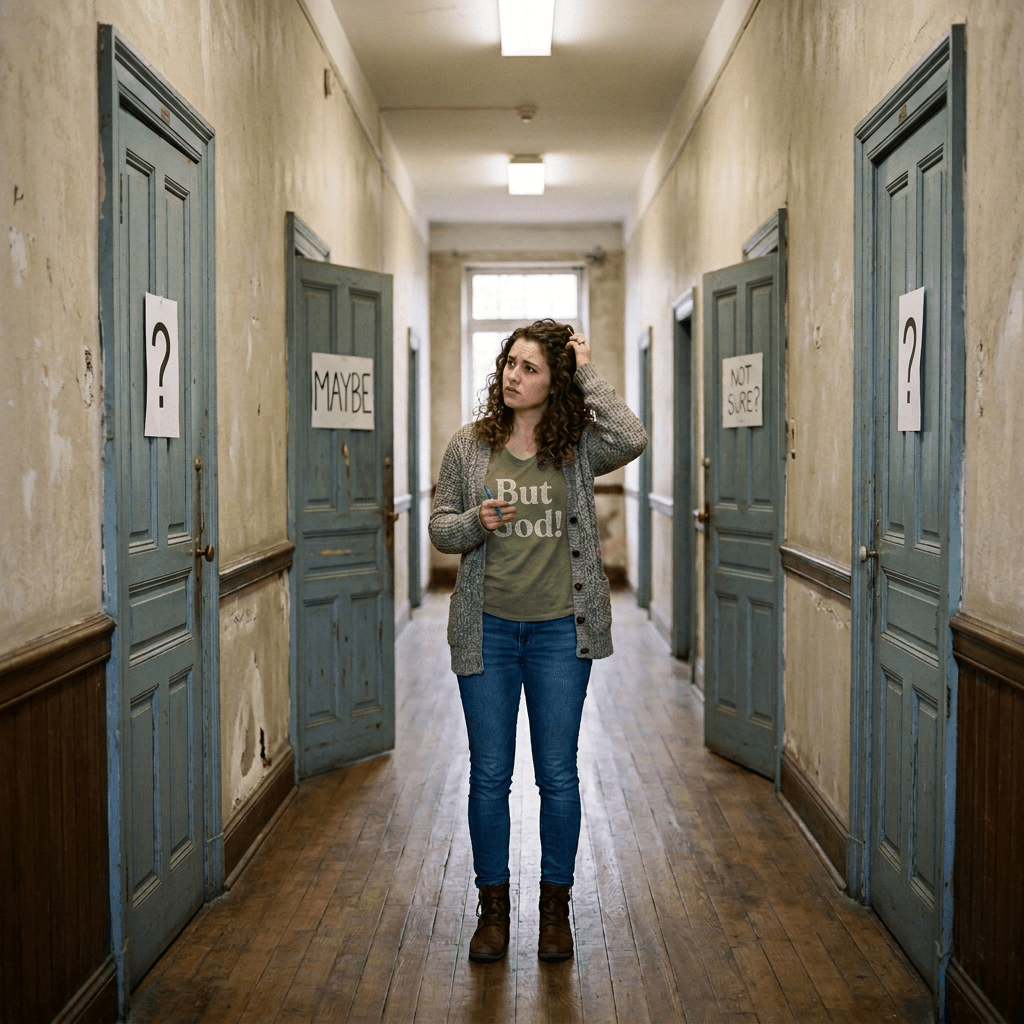 Woman holding notes between doors labeled “?” and “MAYBE”