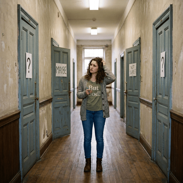 Woman holding notes between doors labeled “?” and “MAYBE”