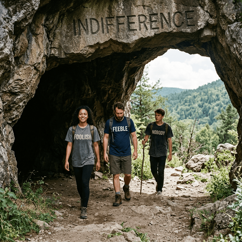 Three hikers leaving a cave marked “INDIFFERENCE”; shirts read “FOOLISH,” “FEEBLE,” and “NOBODY.”