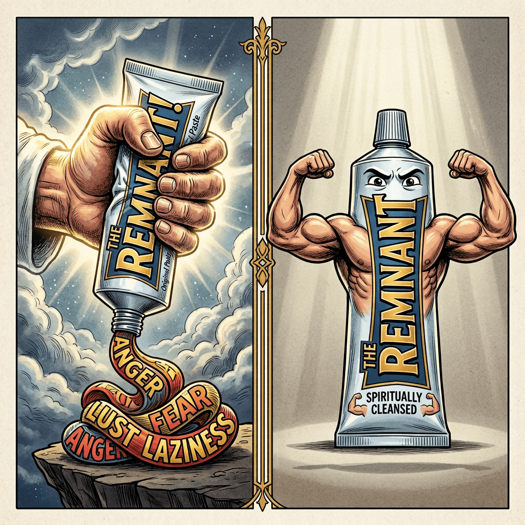 Split illustration labeled “SLIDE 1: PURE GOSPEL SQUEEZE” and “SLIDE 2: SPIRITUAL STRENGTH,” showing a tube releasing anger, fear, lust, laziness, and envy, then flexing as “SPIRITUALLY CLEANSED.”